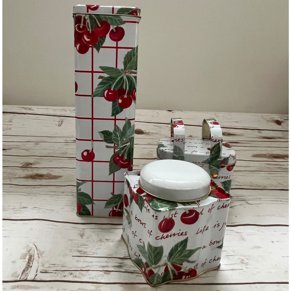 Department 56 Cherry Tin Set White Red Life Is Just A Bowl Of Cherries 3pc OS